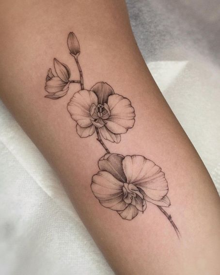 Fine Line Delicate Orchid Tattoo on Arm