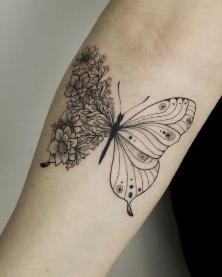 Fine Line Half Butterfly Half Flower Tattoo