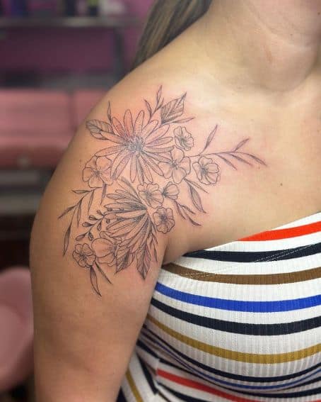 Fineline Birth Flower Shoulder Tattoo