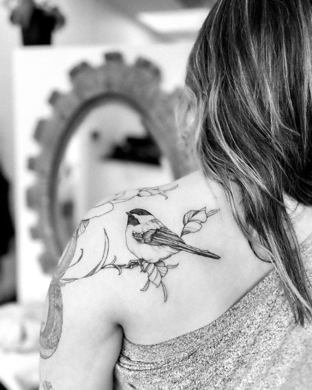 Fineline Chickadee Tattoo on Back Shoulder