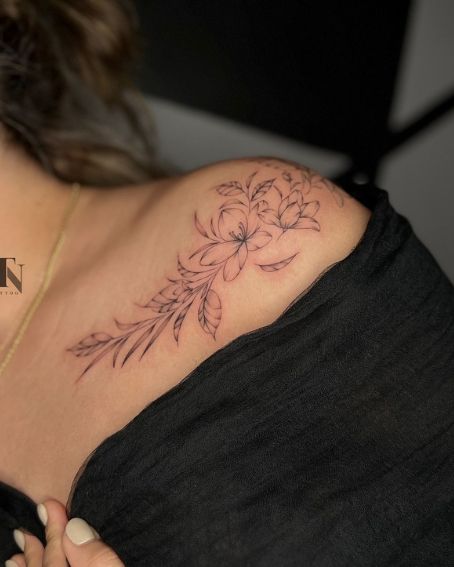 Fineline Flower Tattoo on Shoulder