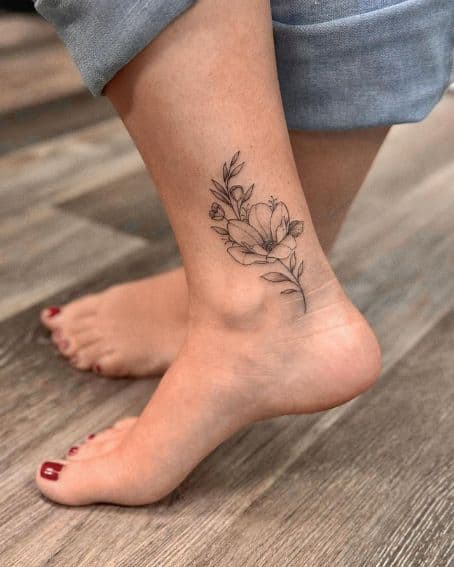 Fineline Magnolia Tattoo on Ankle