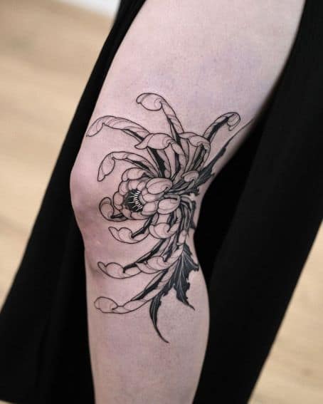 Floral Chrysanthemum Tattoo on Knee