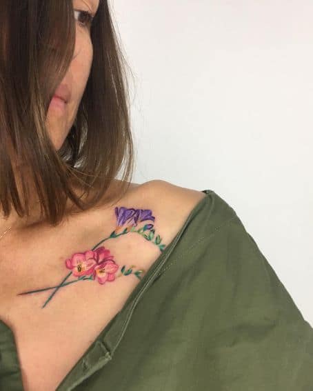 Floral Freesia Flowers Tattoo on Collarbone