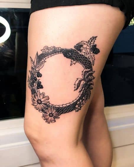 Floral Ouroboros Tattoo on Thigh