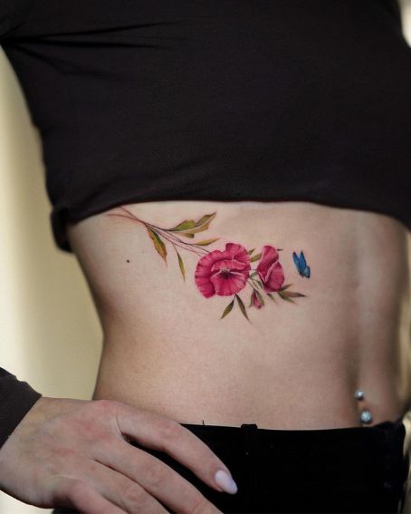 Floral Poppy Flower Tattoo on Ribs