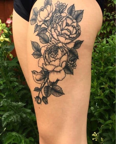 Floral Wren Tattoo Design on Thigh