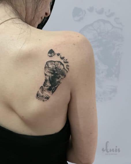 Footprint Tattoo on Back Shoulder