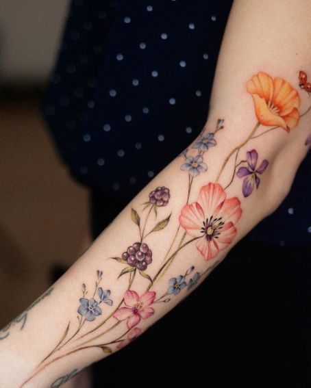 Forget-Me-Nots, Poppy and Blackberries Tattoo