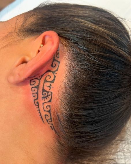 Freehand Polynesian Tattoo Behind The Ear