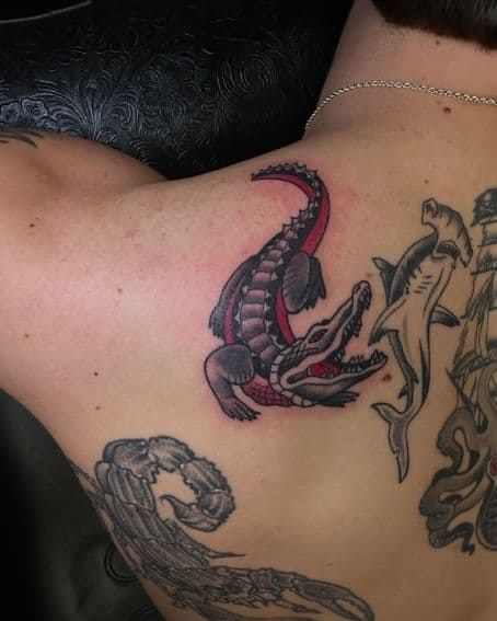 Gator Tattoo on Back Shoulder