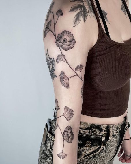 Ginkgo Leaves and Poppies Tattoo