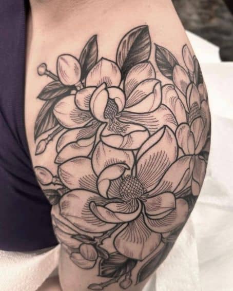 Gorgeous Magnolia Floral Art on the Upper Arm