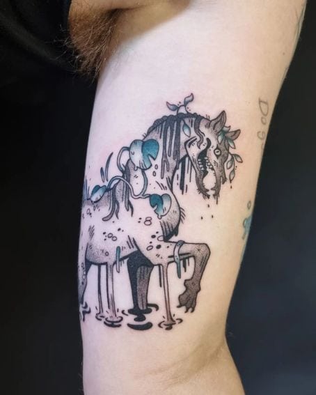 Grumpy Horse Tattoo on Water with Leaves
