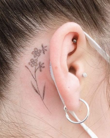 Handpoked Forget Me Not Tattoo Behind The Ear