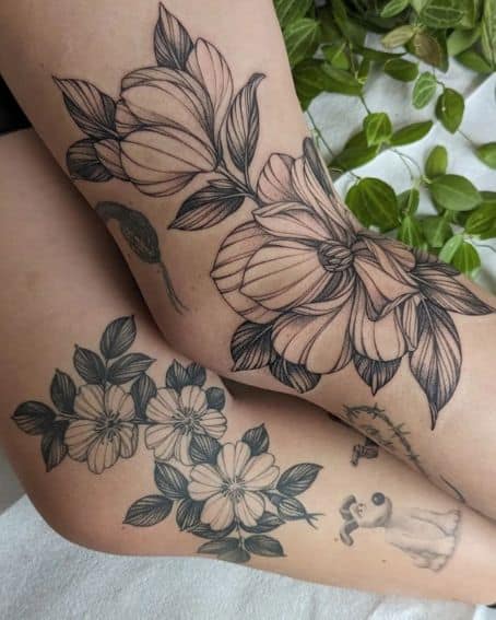 Healed Dog Roses and Fresh Magnolia Tattoo