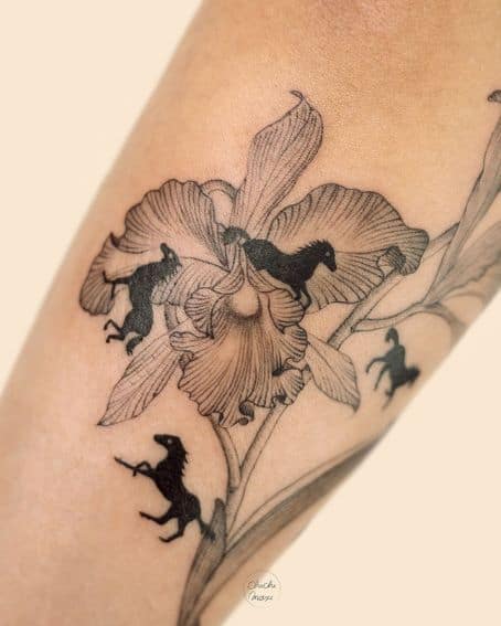 Horses and Orchid Tattoo Design