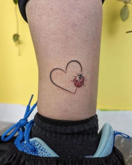 Ladybug and Heart Tattoo on Ankle