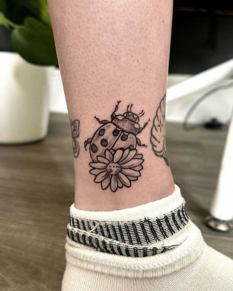 Ladybug with Flowers Tattoo on Ankle