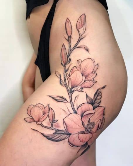Large Magnolia Tattoo on Thigh