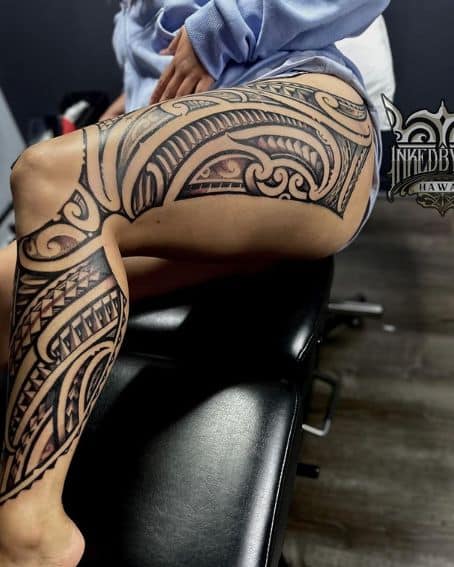 Large Polynesian Tattoo on Thigh