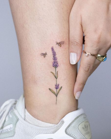 Lavender and Little Bees Tattoo on Ankle