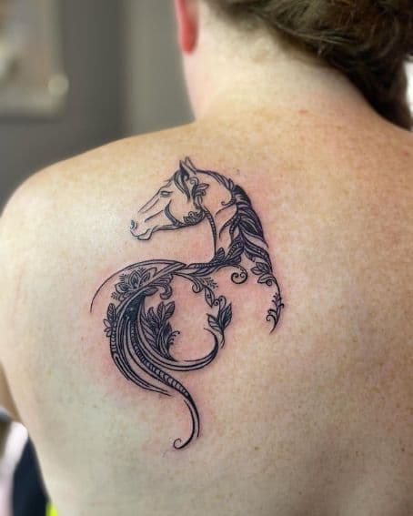 Linework Horse Tattoo on Back Shoulder