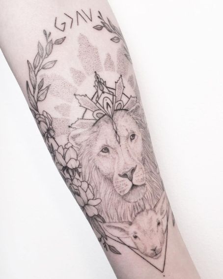 Lion and Lamb with Floral Details Tattoo