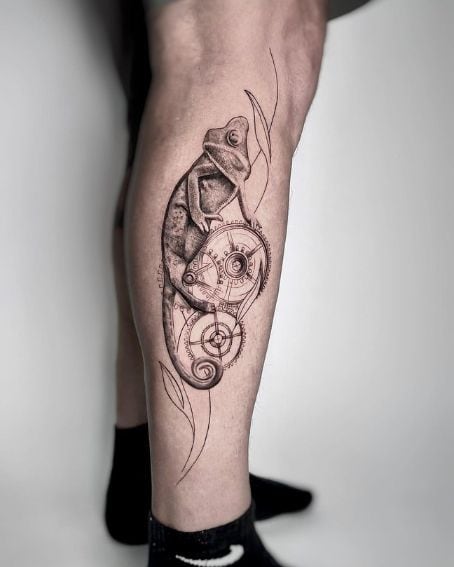 Mechanical Chameleon Tattoo on Leg