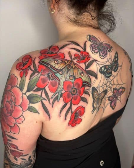 Moth and Poppy Flower Tattoo on Back Shoulder