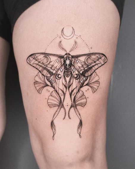 Moth, Moon and Ginkgo Tattoo on Thigh