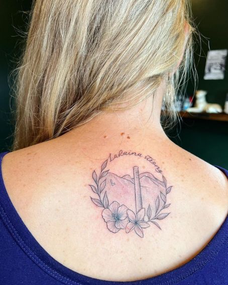 Mountains and Hibiscus Tattoo on Back
