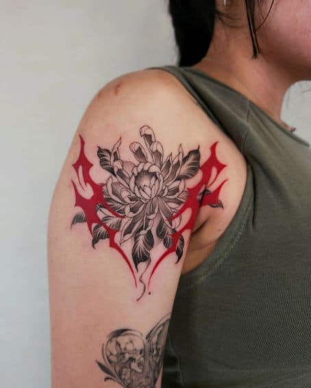 Neo Tribal Chrysanthemum Tattoo on Shoulder