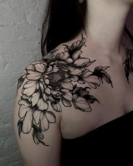 Peony and Chrysanthemum Tattoo on Shoulder