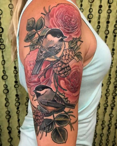 Pine Cones, Roses and Chickadees Tattoo