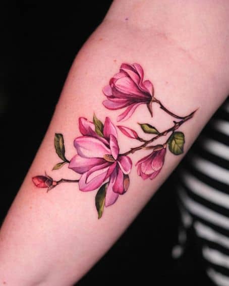 Pink Magnolia Tattoo Near Elbow