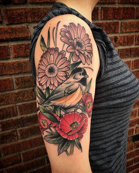 Poppies, Daisies and Chickadee Tattoo