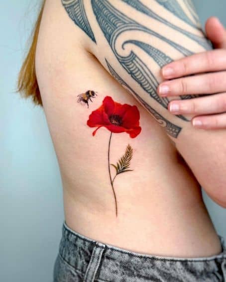 Poppy Flower and Bee Tattoo on Ribs