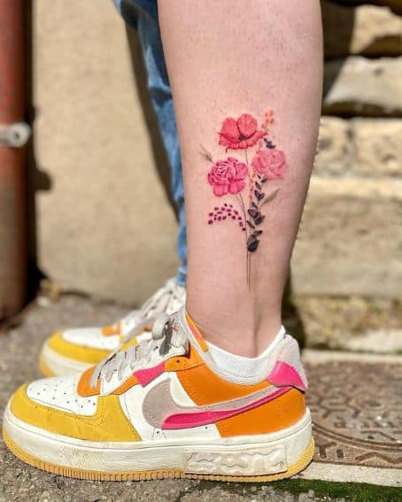 Poppy Flower Bouquet Tattoo on Leg