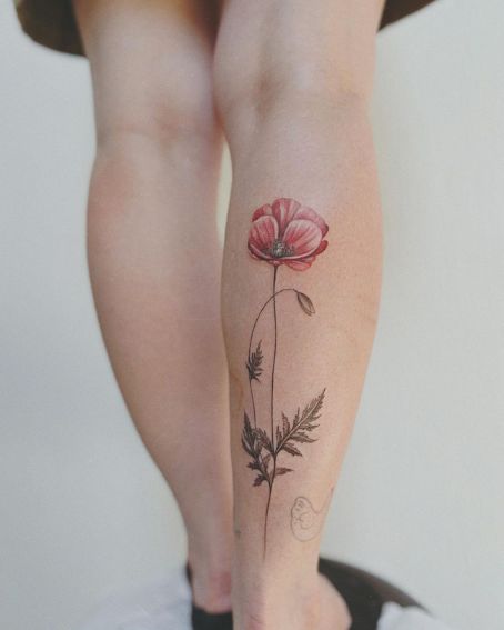 Poppy Flower Tattoo on Lower Back Leg