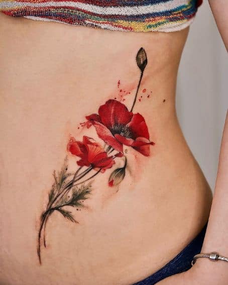 Poppy Flower Tattoo on Side Ribs