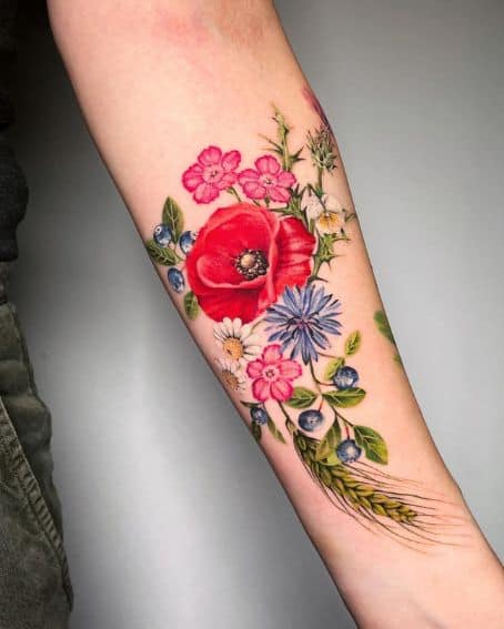 Poppy Flowers Bouquet Tattoo Design