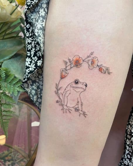 Precious Lil Frog with Poppies Tattoo