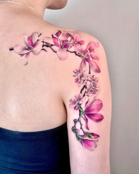 Purple Trailing Magnolia Tattoo Vine on Shoulder