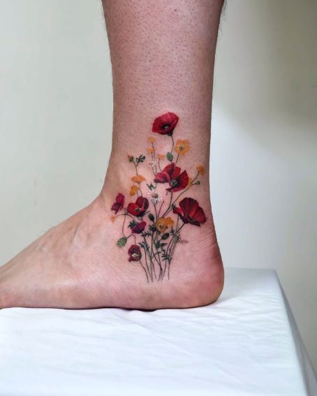 Realistic Poppy Flower Tattoo on Ankle