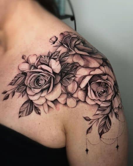 Realistic Rose Flower Shoulder Tattoo Design