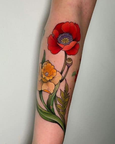 Red and Yellow Poppy Flower Tattoo