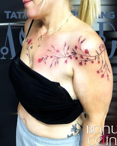 Red Fineline Flower Shoulder Tattoo
