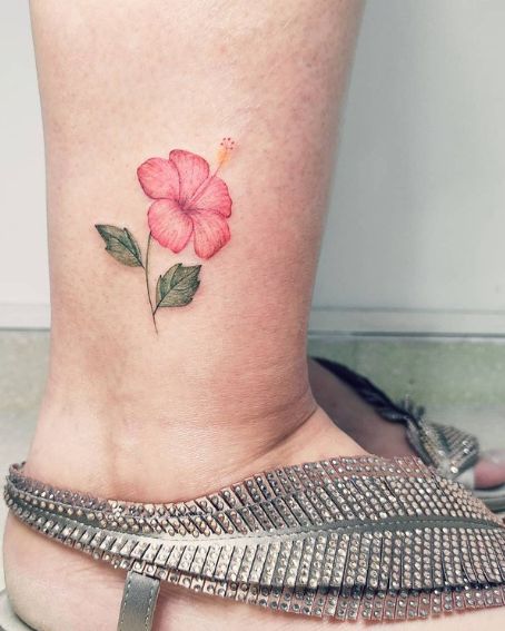 Red Hibiscus Tattoo on Ankle