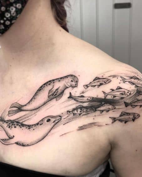 Seal and Fishes Tattoo on Shoulder